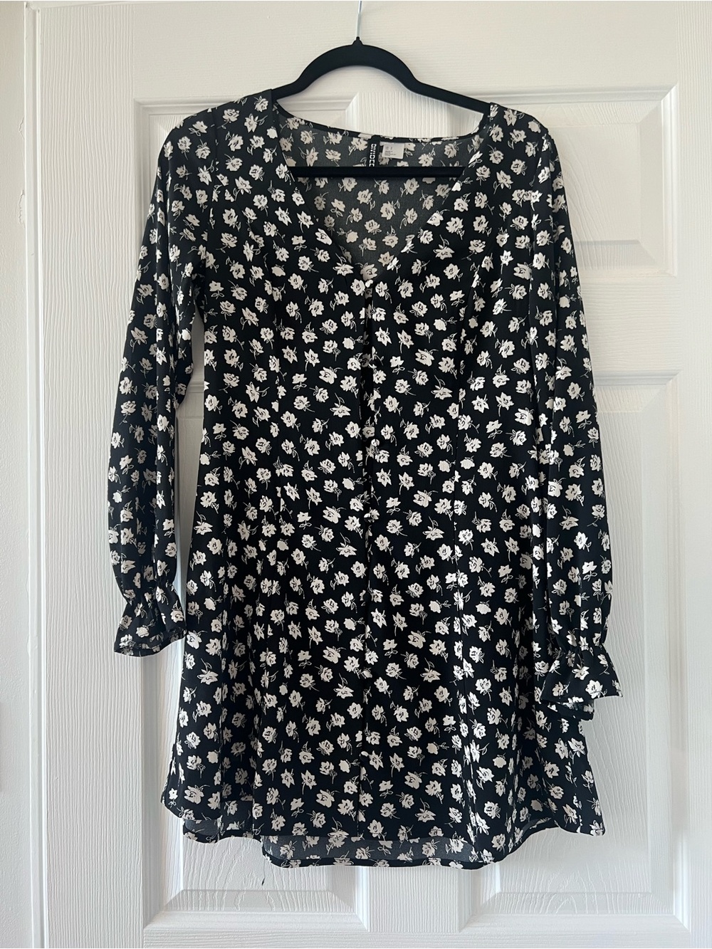 H&M Black Mini Dress with White Floral Print